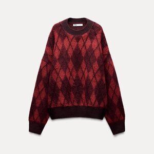Zara Dark Red Knit Argyle Sweater S